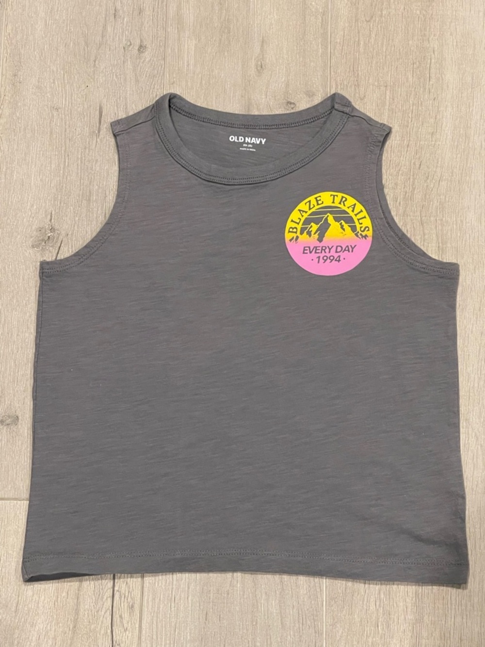 Old Navy Gray Graphic Tank Top Boys XS (5) Blaze Trails Graphic Summer Tee
